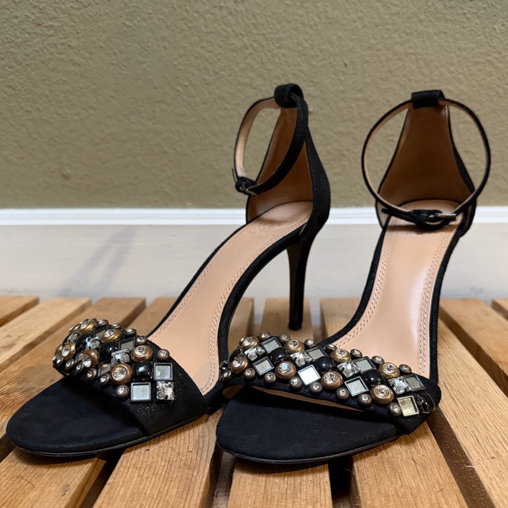 TORY BURCH BLACK JEWELED ANKLE STRAP HIGH-HEEL 8.5 BLACK